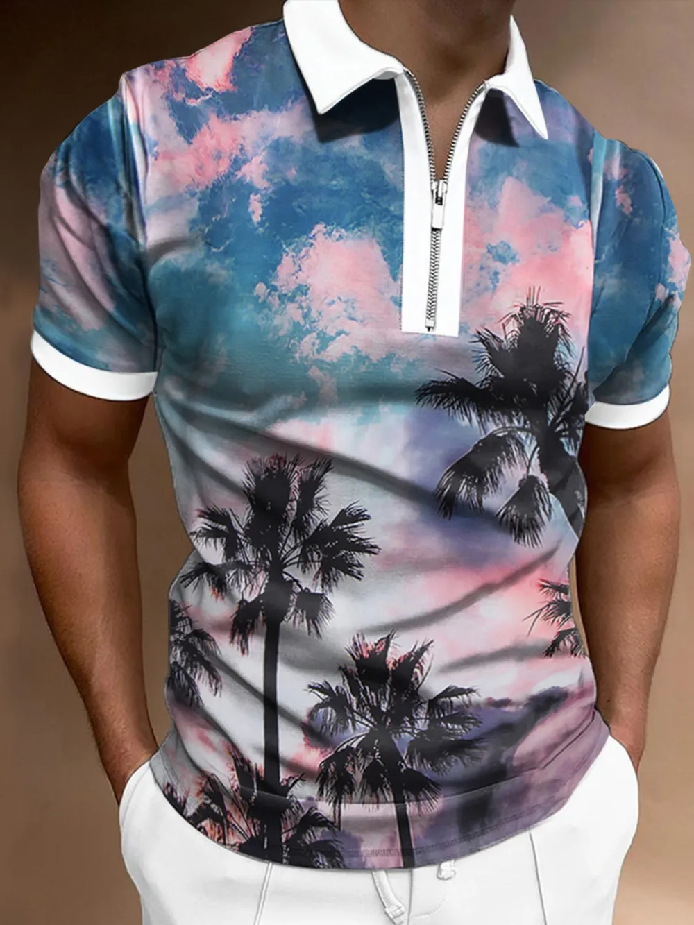 Men's Full Size Tropical Palm Tree Print Zipper Polo Plus Size, image 4