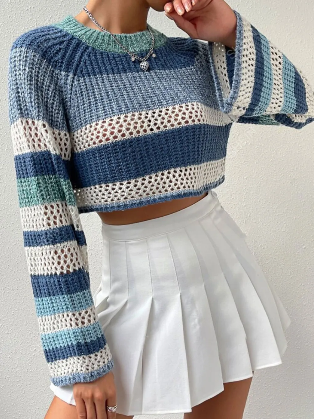 Openwork Striped Color Block Crop Sweater, image 2