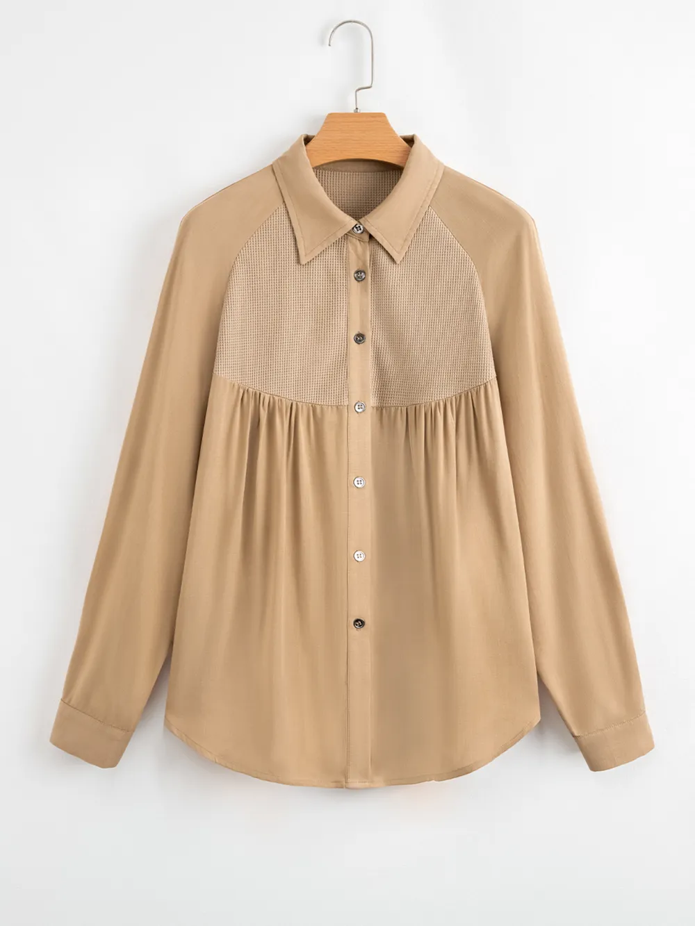 Waffle Patchwork Button Up Frayed Hem Shirt, image 7