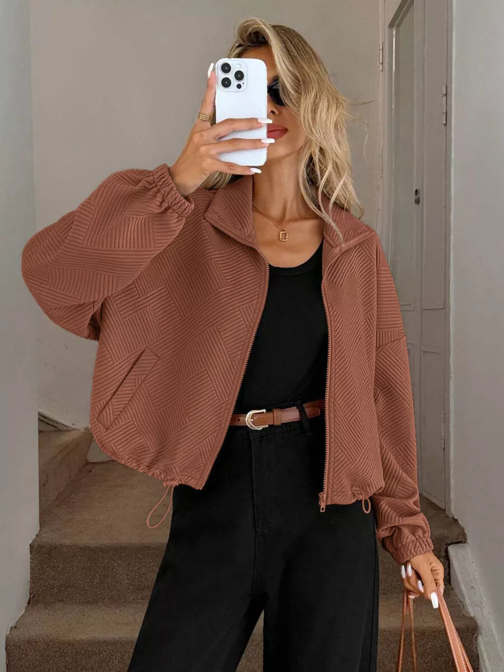 Drawstring Hem Textured Long Sleeve Jacket, image 20