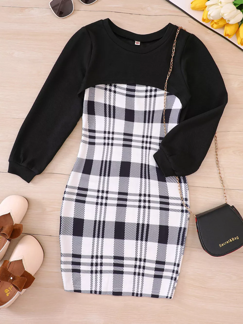 Children's Plaid Print Long Sleeve Dress Set