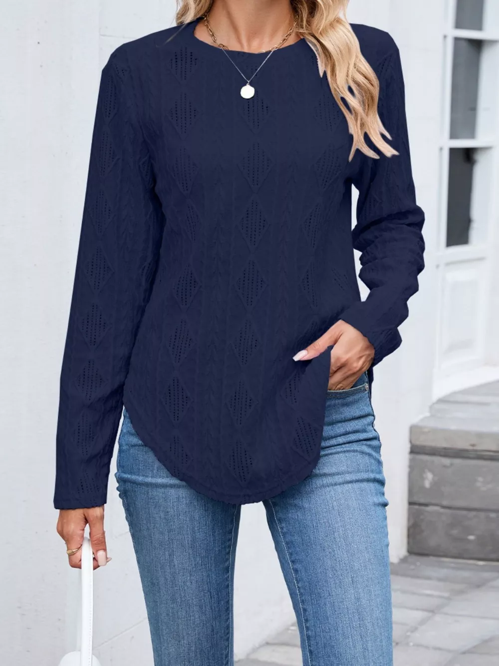 Textured Diamond Knit Long Sleeve T-Shirt, image 8