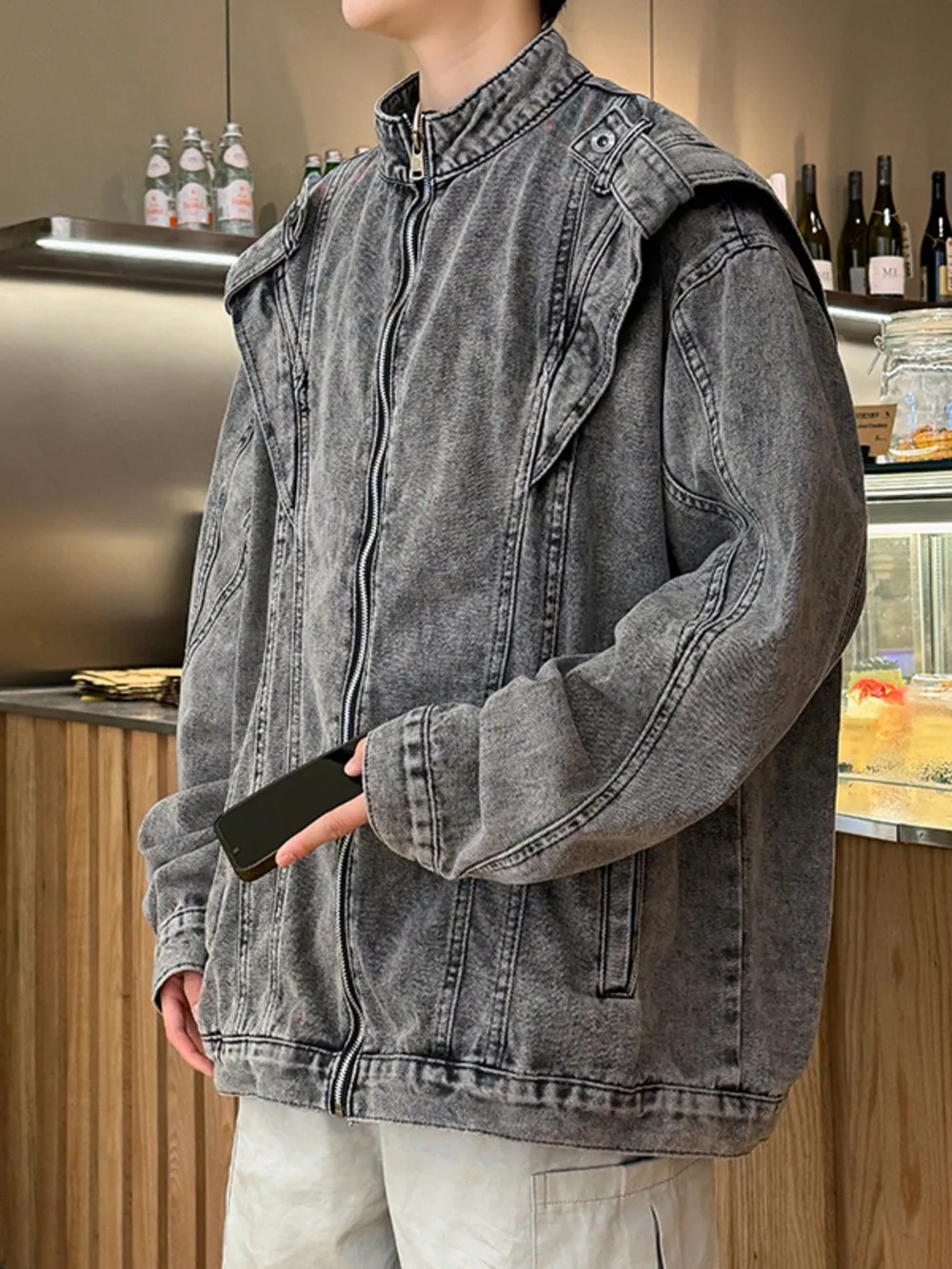 Men's Plus Size Zip Up Long Sleeve Denim Jacket, image 2