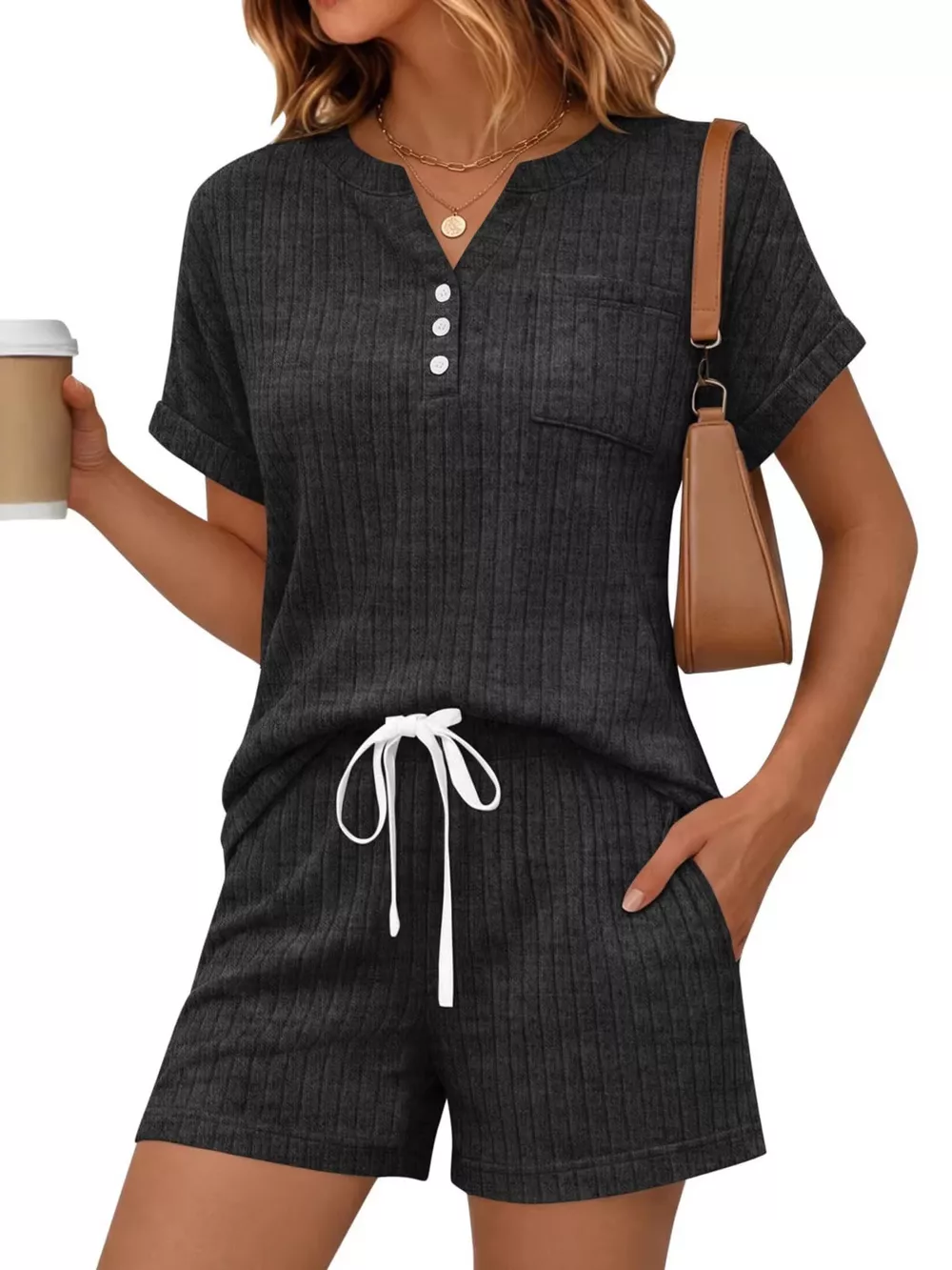 Casual Ribbed Knit Tee and Shorts Set, image 10