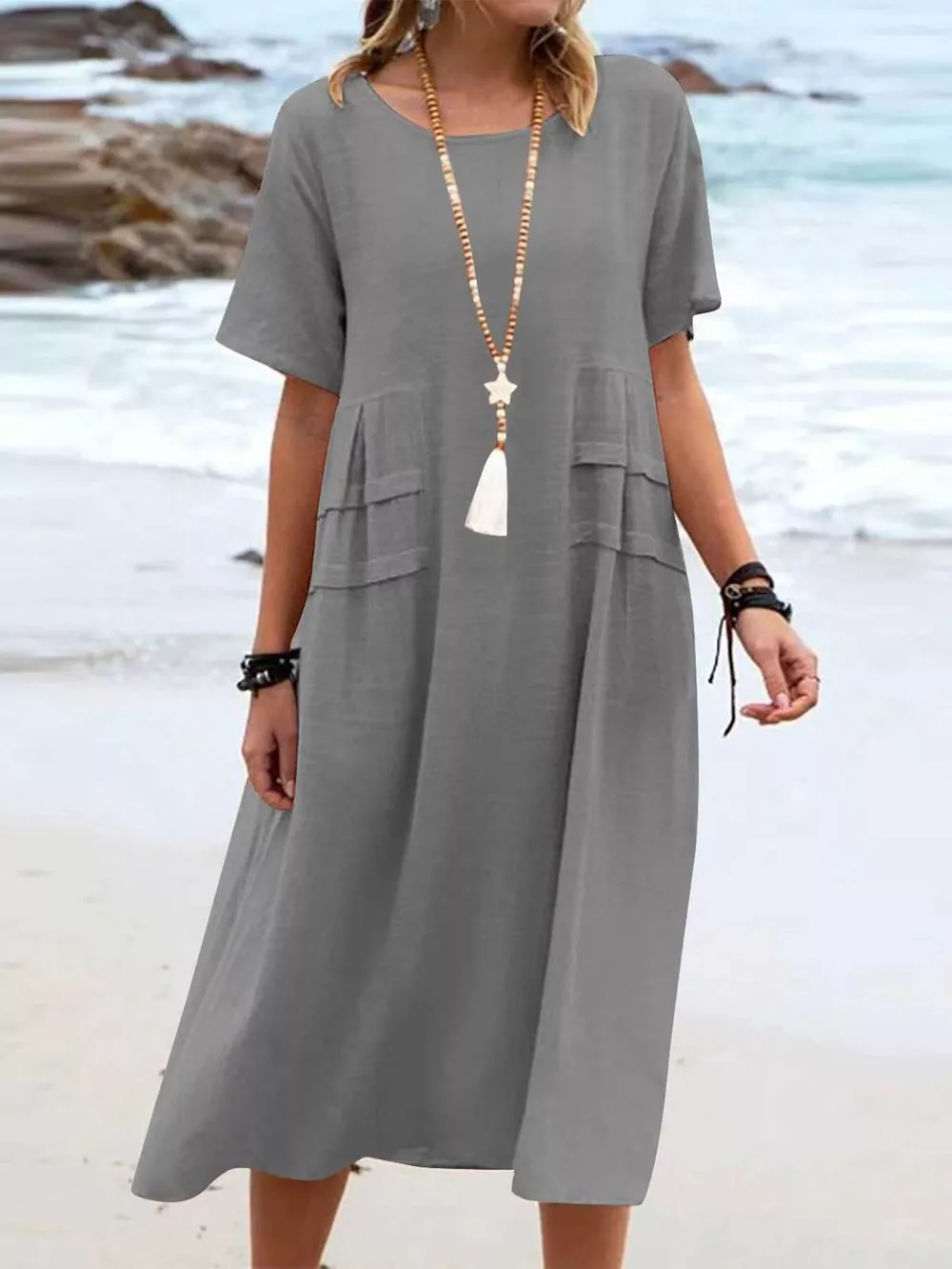 Full Size Casual Linen Blend Midi Dress Plus Size, image 7