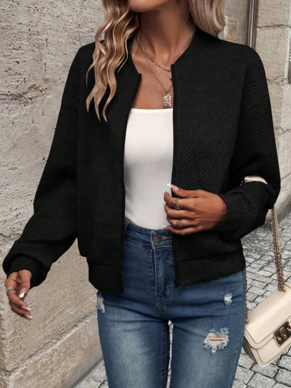 Textured Knit Zip-Up Bomber Jacket, image 13