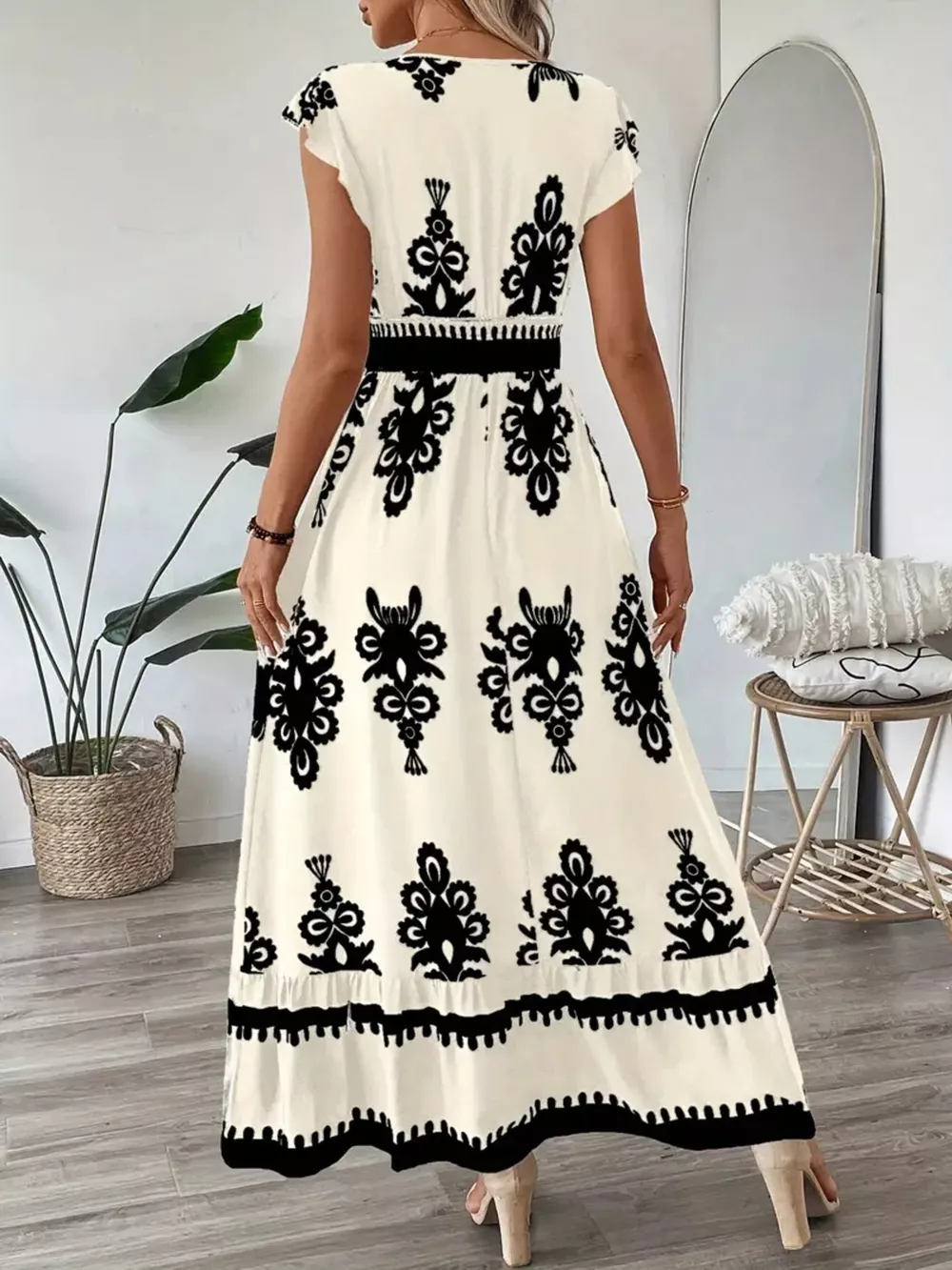Printed V-Neck Ruffled Cap Sleeve Dress, image 14