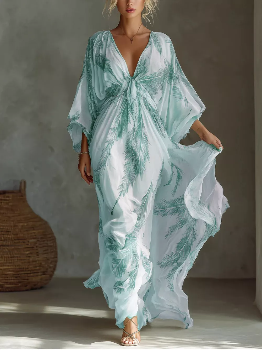 Full Size Feather Print V-Neck Flowy Maxi Dress Plus Size, image 4