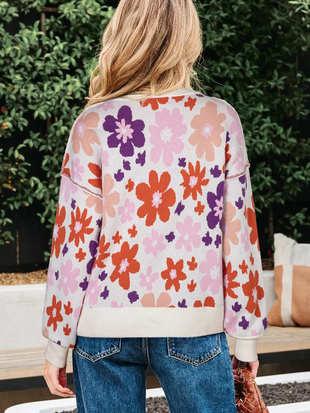 Floral Pattern Drop Shoulder Sweater, image 3