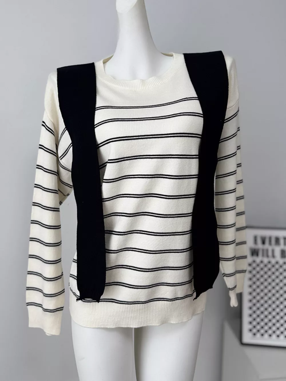 Classic Striped Crewneck Knit Top with Layered Sweater Detail, image 4