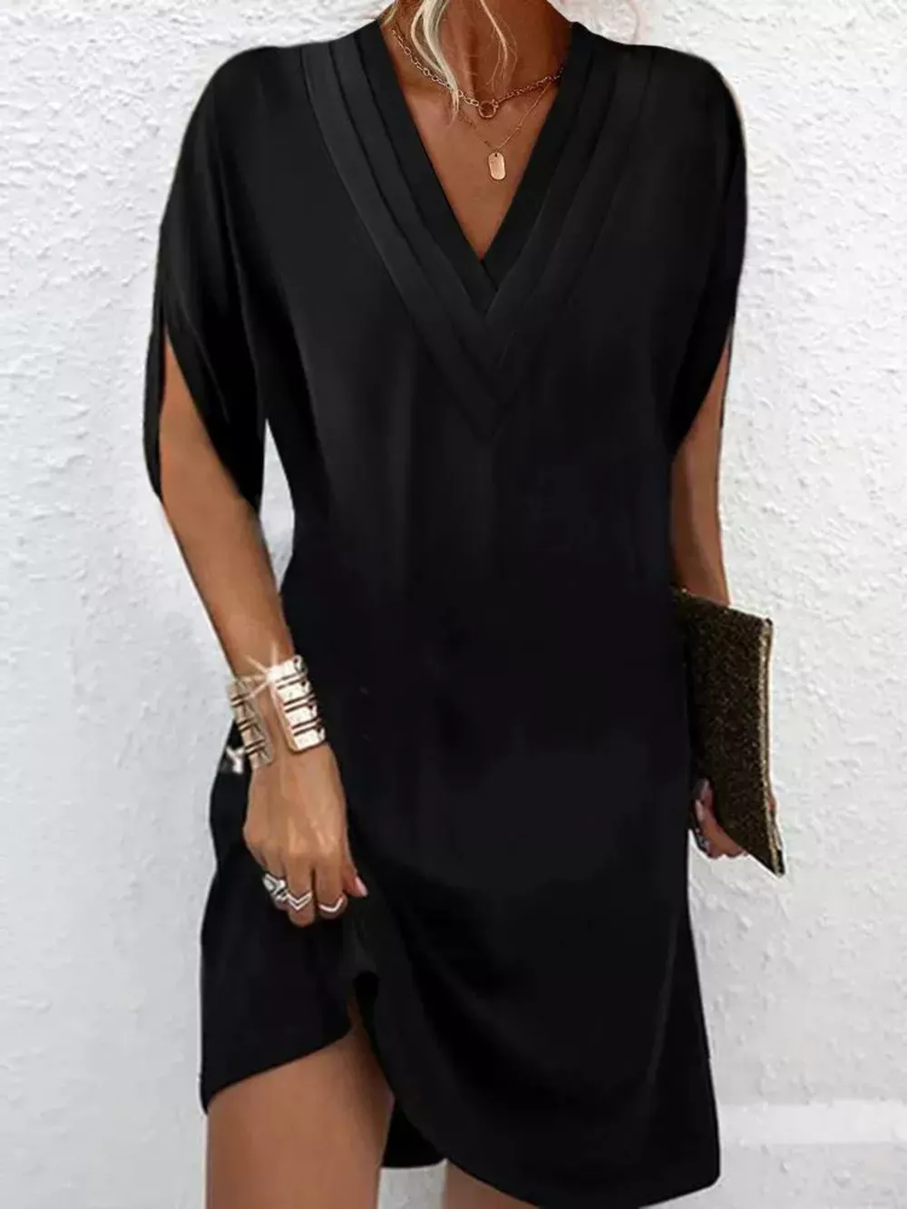 Full Size V-Neck Slit Sleeve Mini Dress Plus Size, image 18