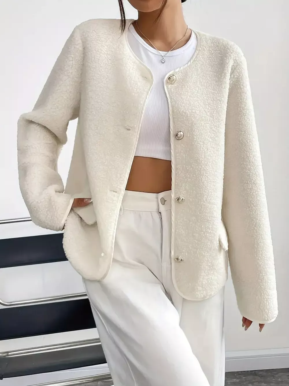 Full Size Textured Button-Up Fleece Outerwear Plus Size, image 3