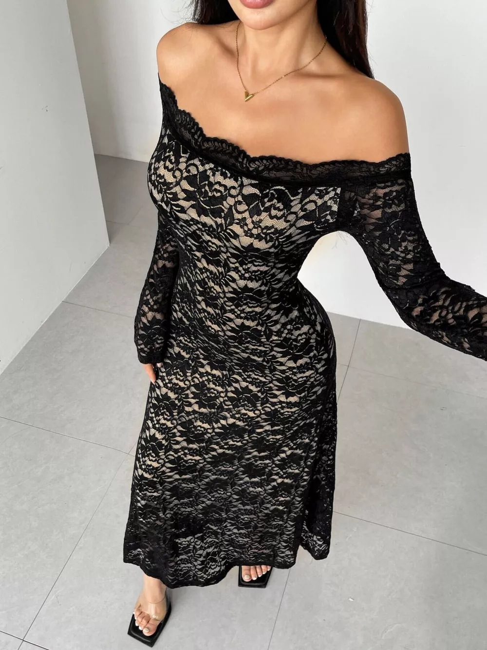 Off-Shoulder Lace Maxi Dress, image 2