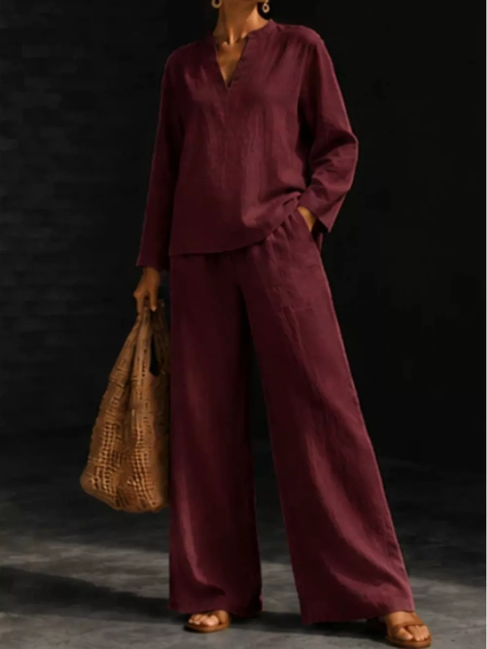 Notched Long Sleeve Top and Pants Set, image 17