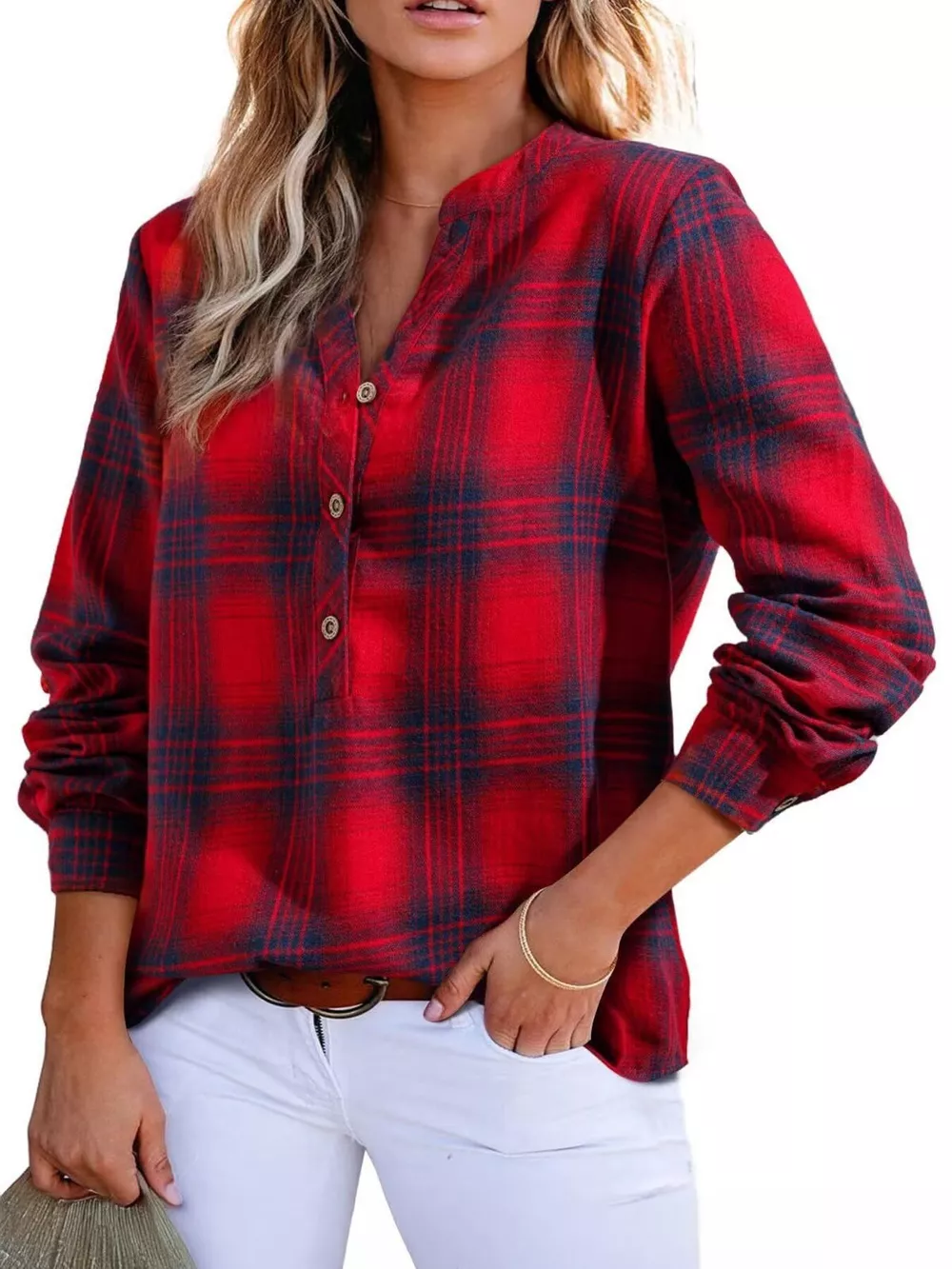Plaid Half Button Long Sleeve Blouse, image 12