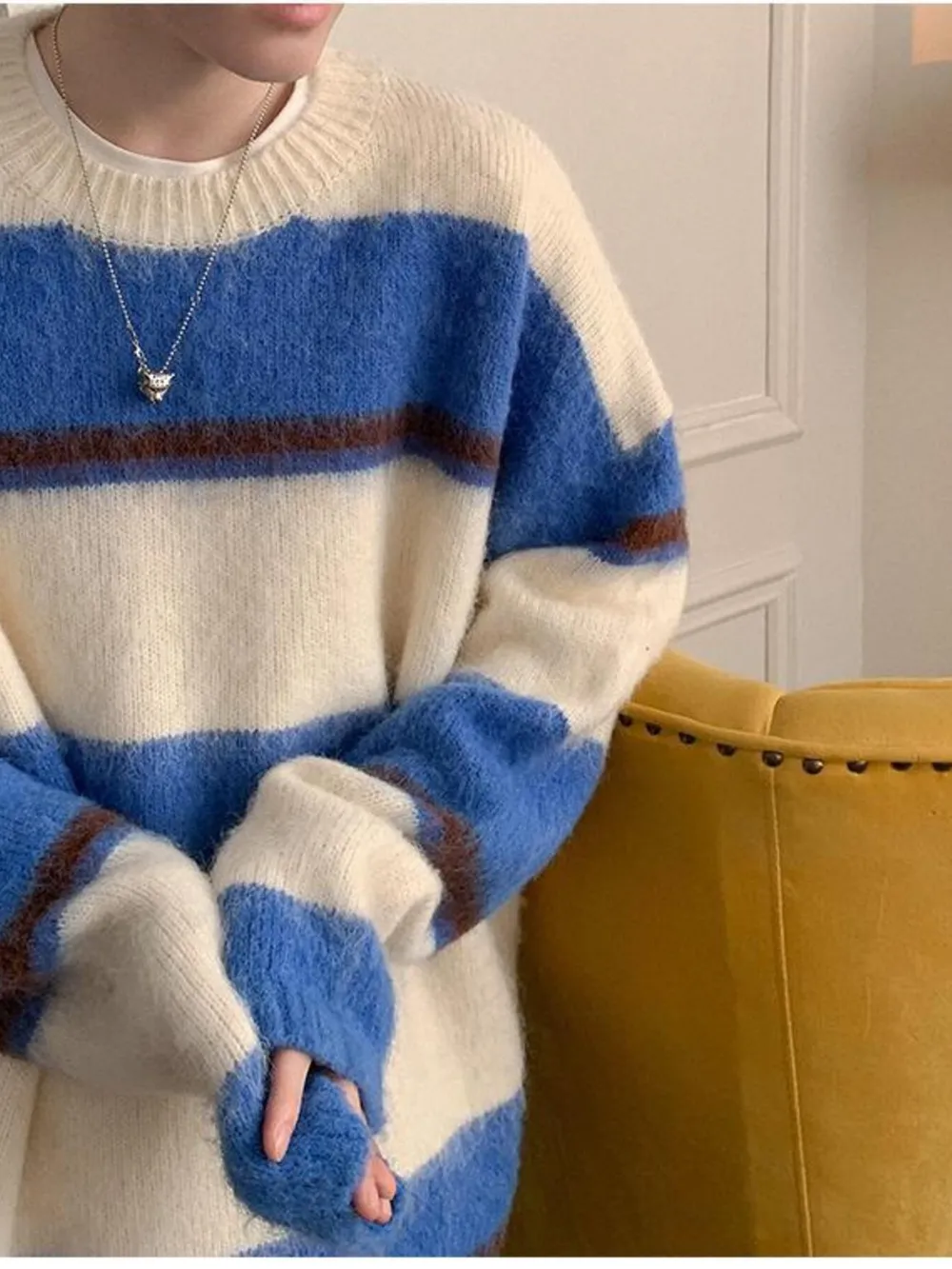 Men's Striped Fuzzy Knit Pullover Sweater, image 2