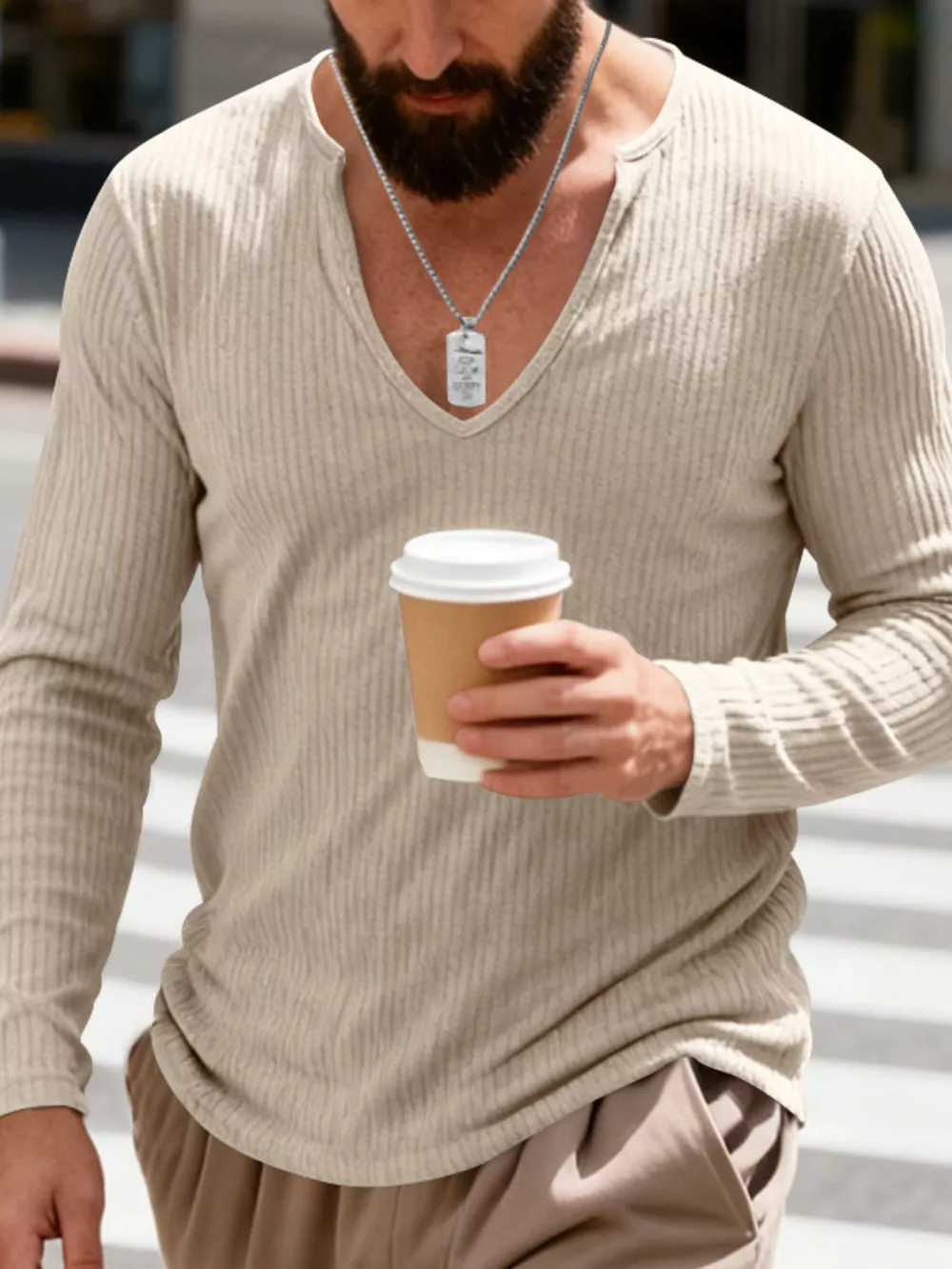 Men's Full Size Casual Ribbed Long Sleeve T-Shirt Plus Size, image 2