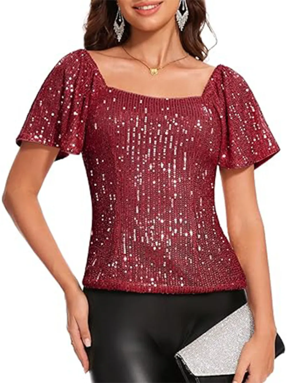 Square Neck Sequin Short Sleeve Blouse, image 5