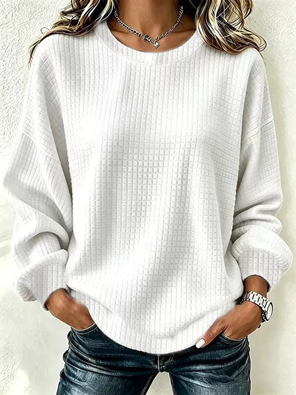 Full Size Waffle Knit Long Sleeve Crew Neck Sweatshirt Plus Size, image 6