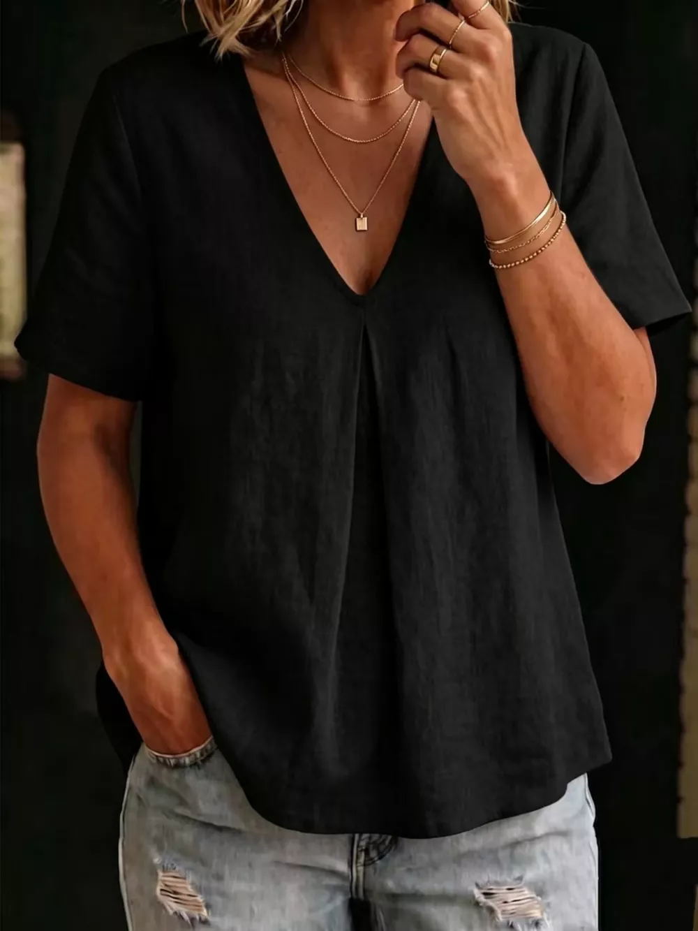 Full Size V-Neck Pleated Short Sleeve Blouse Plus Size, image 3