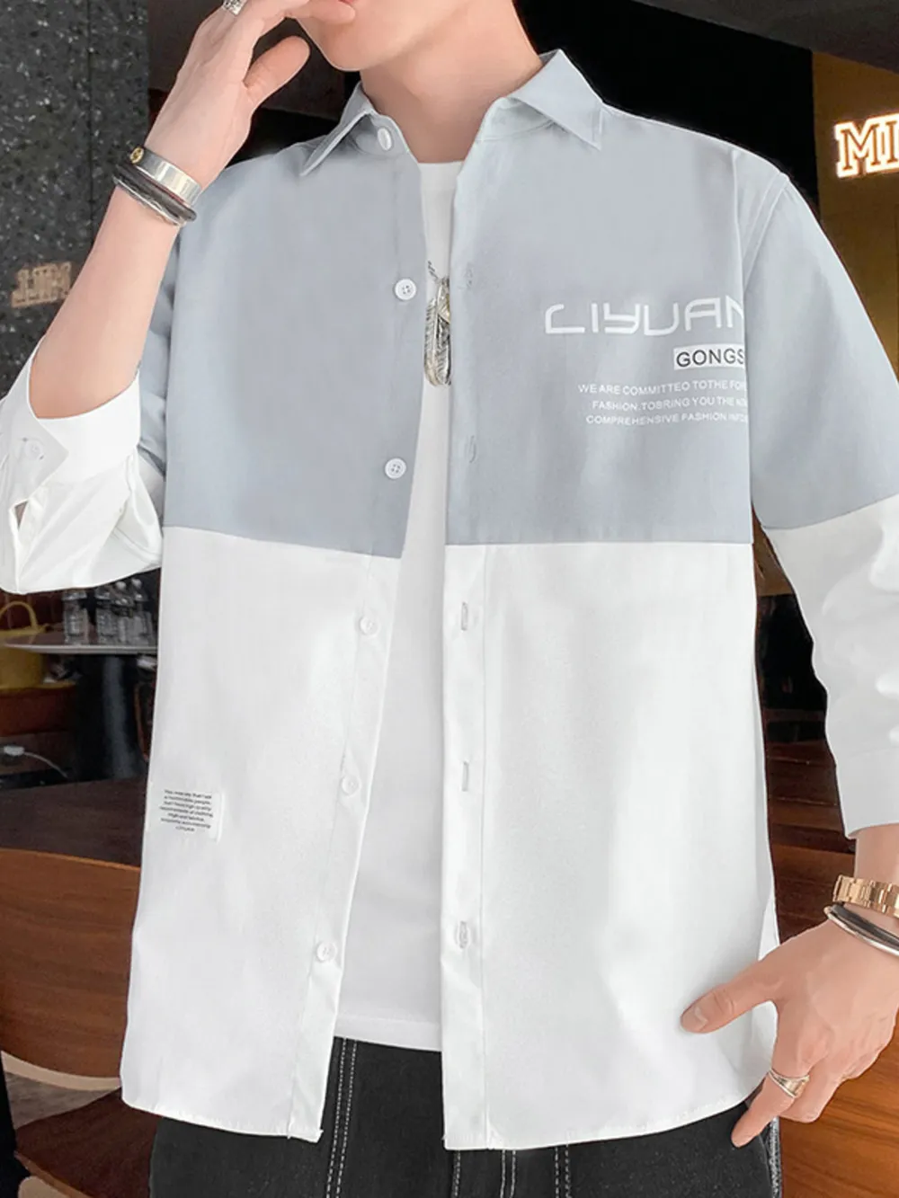 Men's Plus Size Two-Tone Casual Button-Down Shirt, image 5