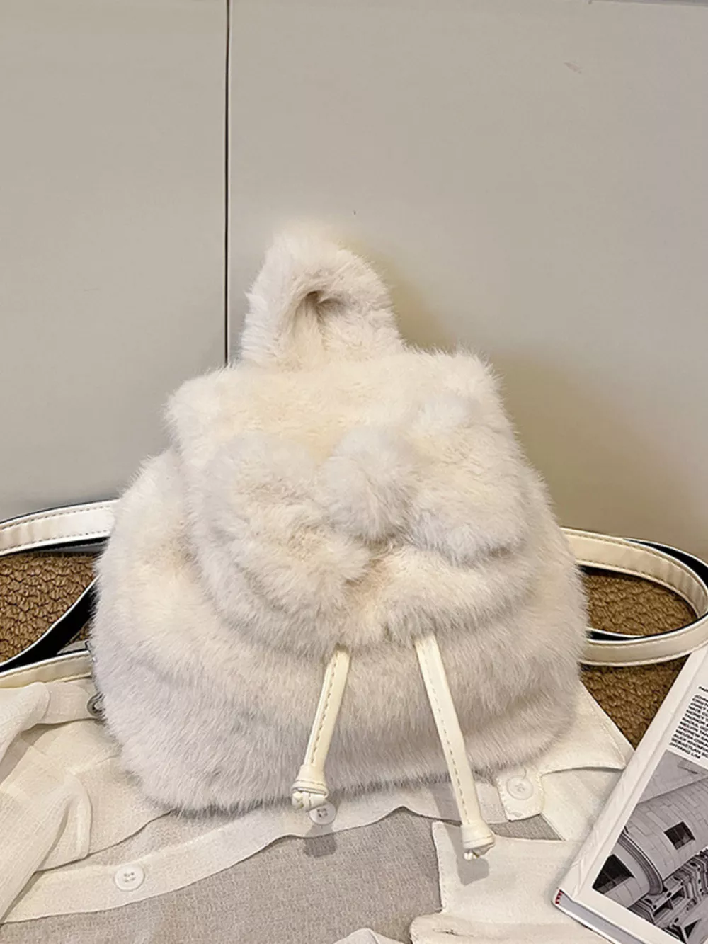 Fuzzy Plush Drawstring Backpack Bag, image 18