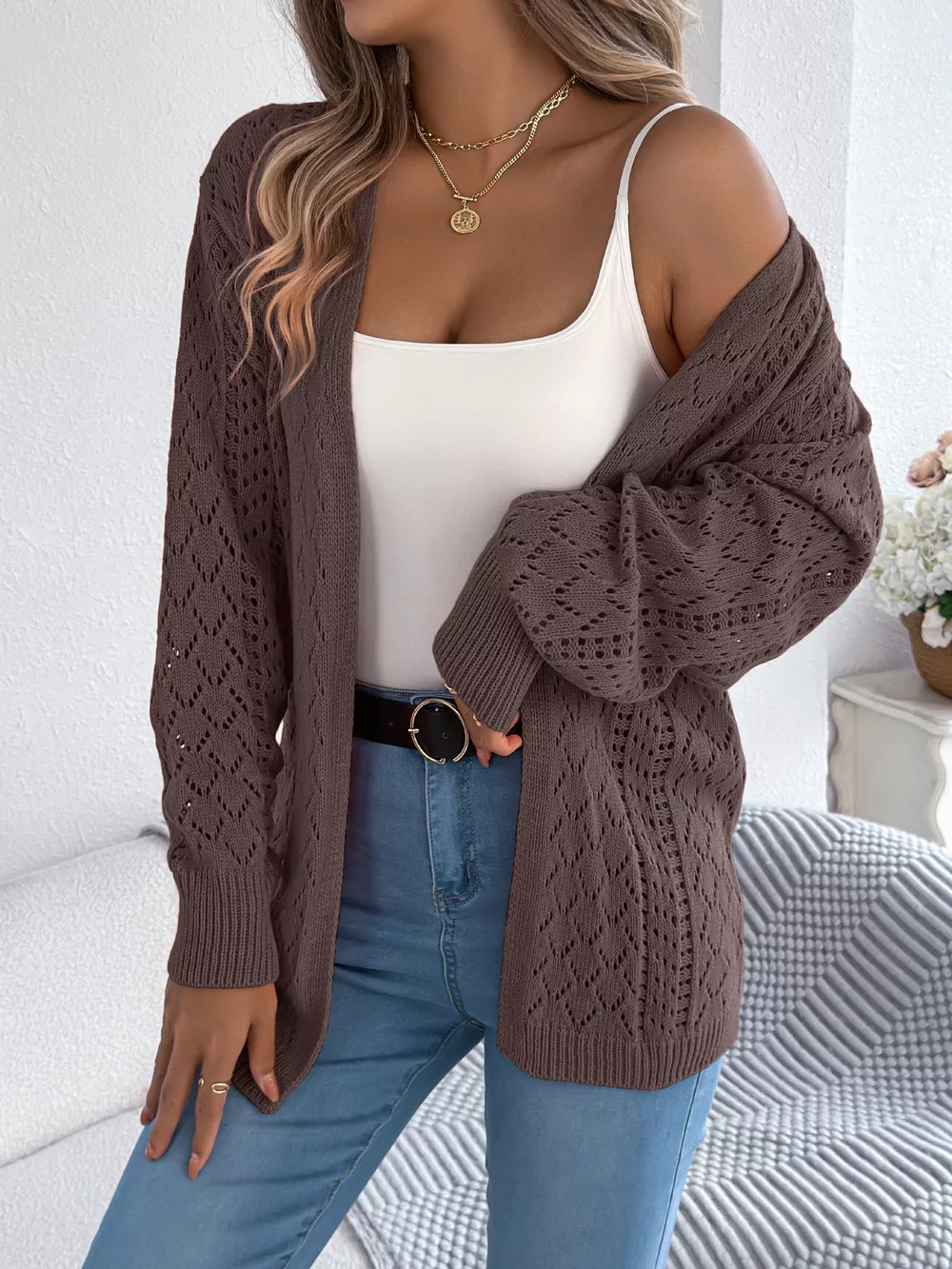 Openwork Open-Front Long Sleeve Cardigan, image 13