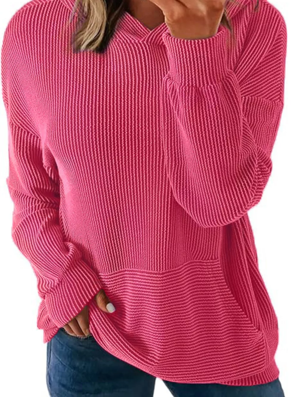 Ribbed Oversized Hoodie Sweatshirt with Pocket, image 4