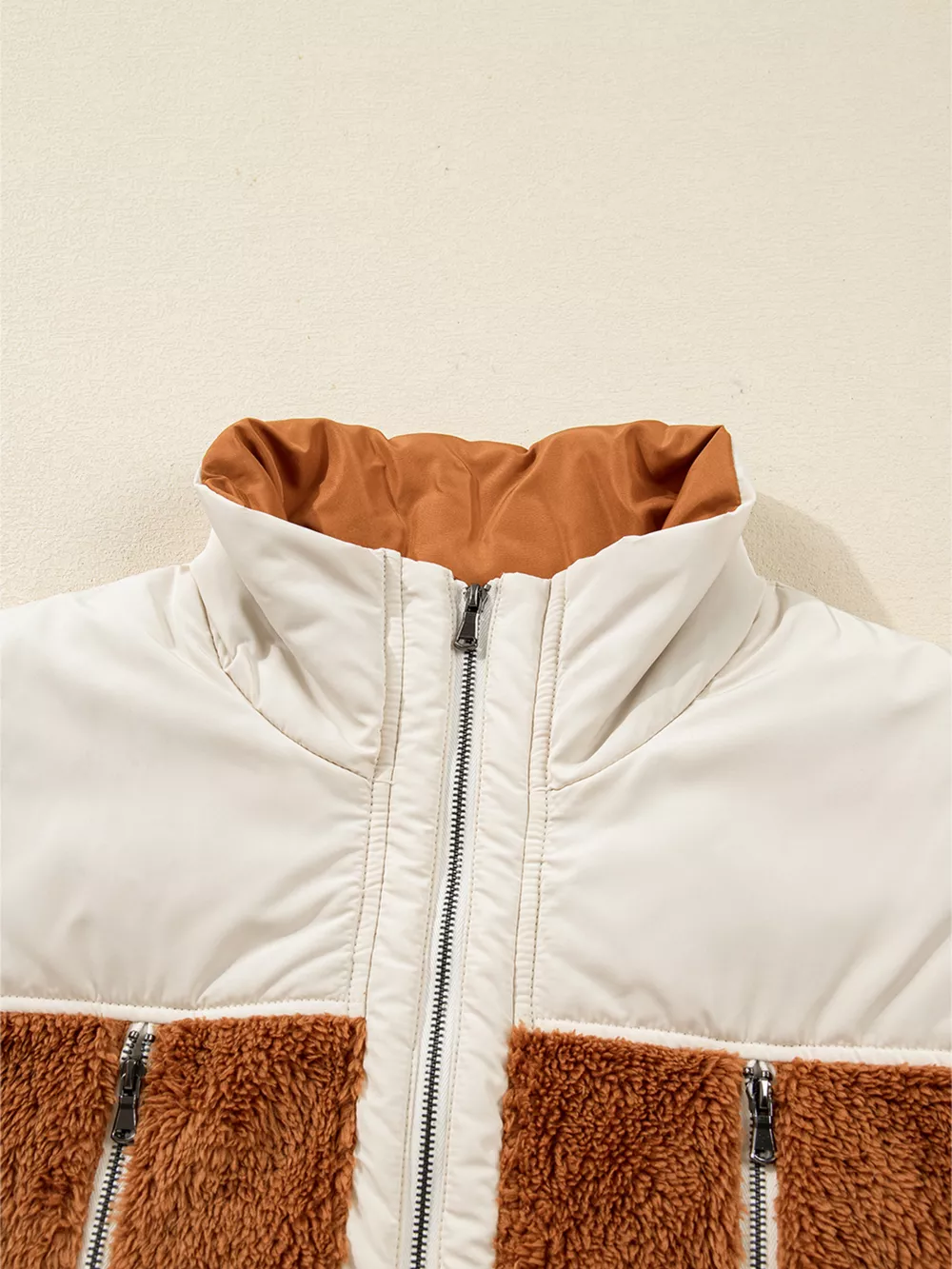 Color Block Plush Patchwork Zipper Stand Neck Vest Coat, image 9