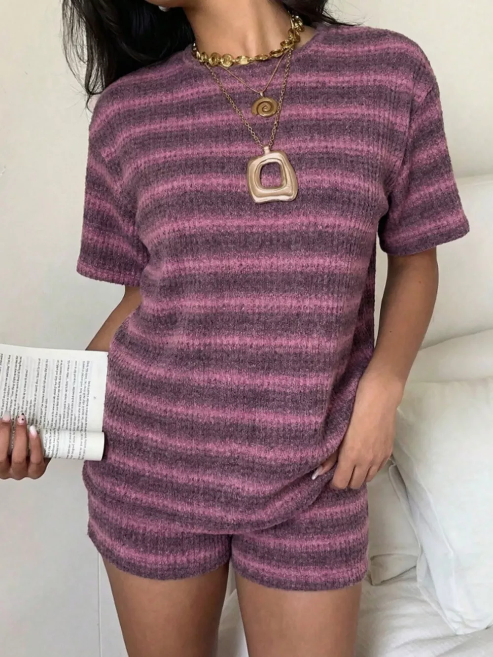 Striped Textured Knit Top and Shorts Set, image 11