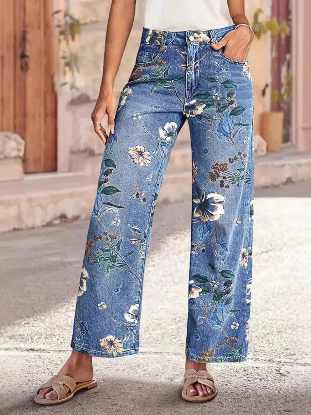 Floral Print Wide Leg Jeans, image 2