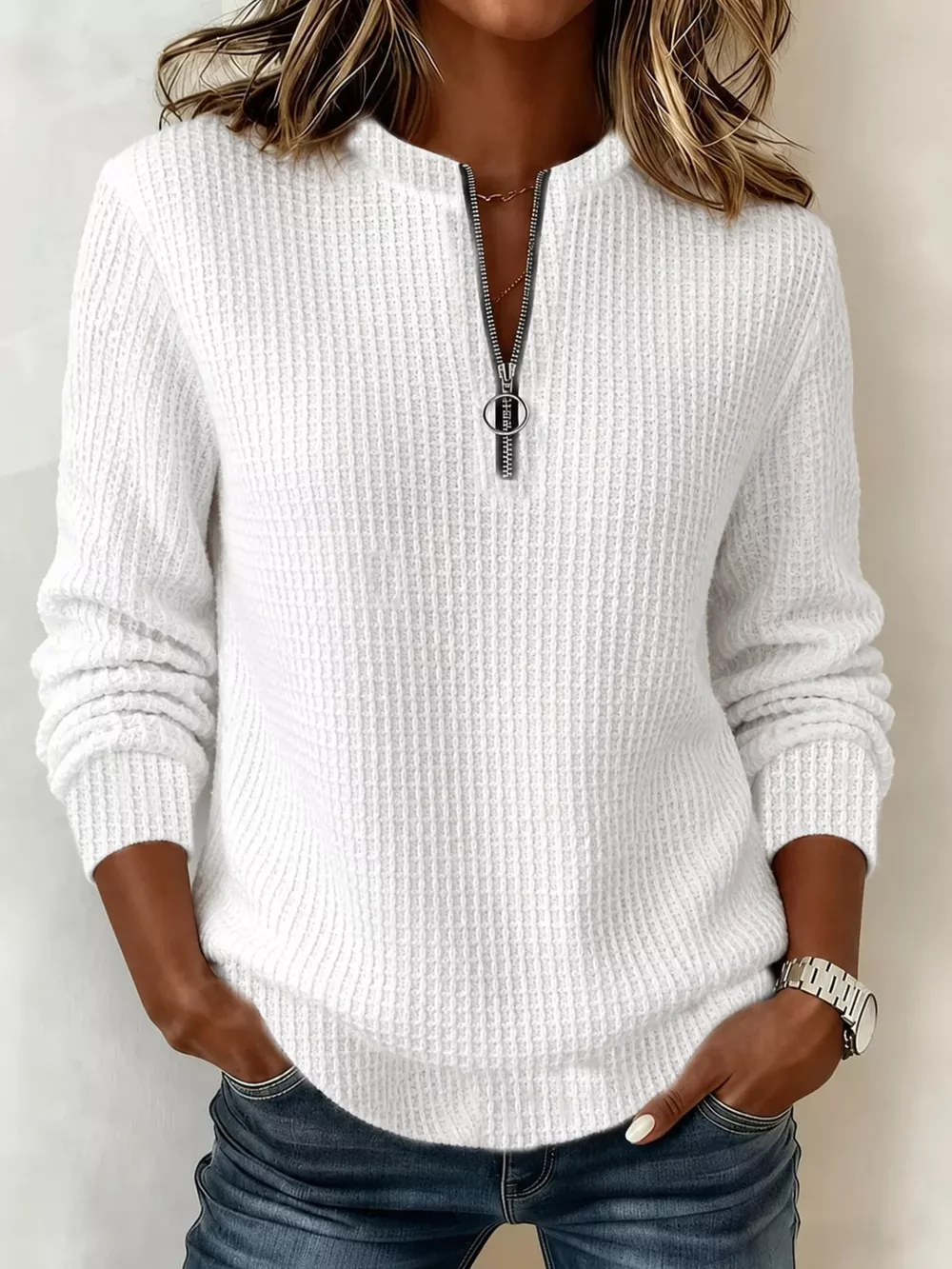 Full Size  Quarter-Zip Waffle Knit Sweatshirt Plus Size