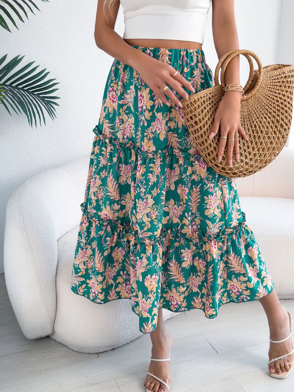 Floral Print Ruffle Hem Flowy Midi Skirt, image 12