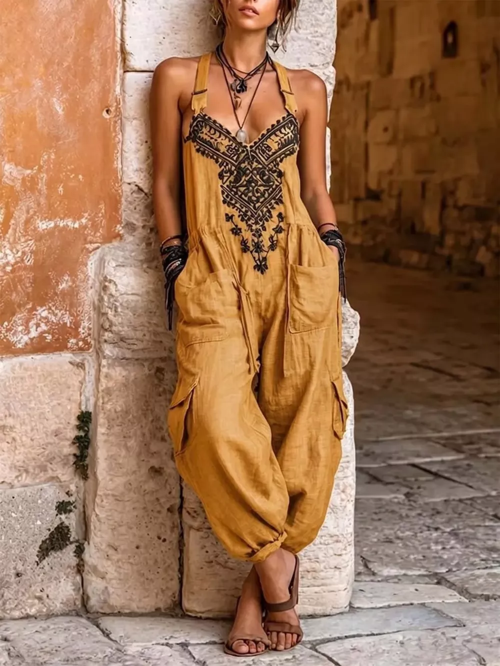 Full Size Embroidered Sleeveless Jumpsuit with Cargo Pockets Plus Size, image 3