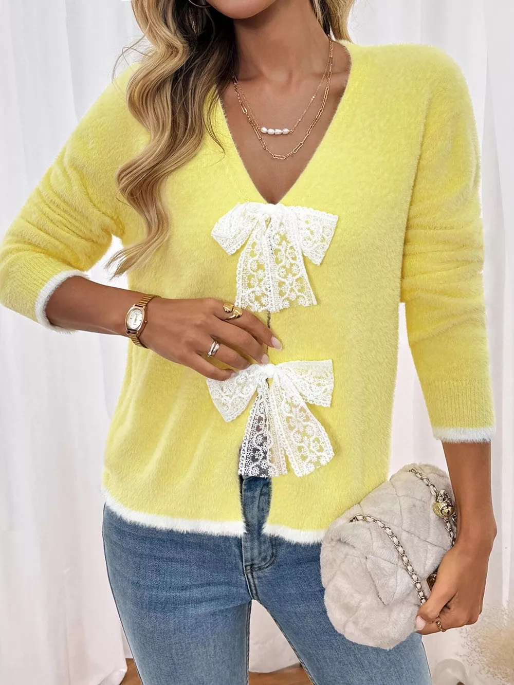 Lace Bow-Tie Front Long Sleeve Cardigan, image 3
