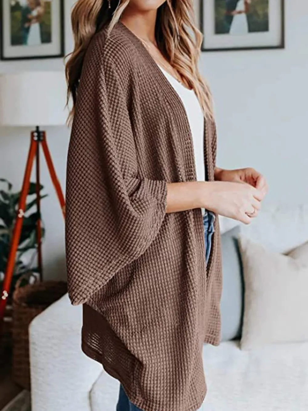 Full Size Open Front Waffle Knit Cardigan Plus Size, image 28