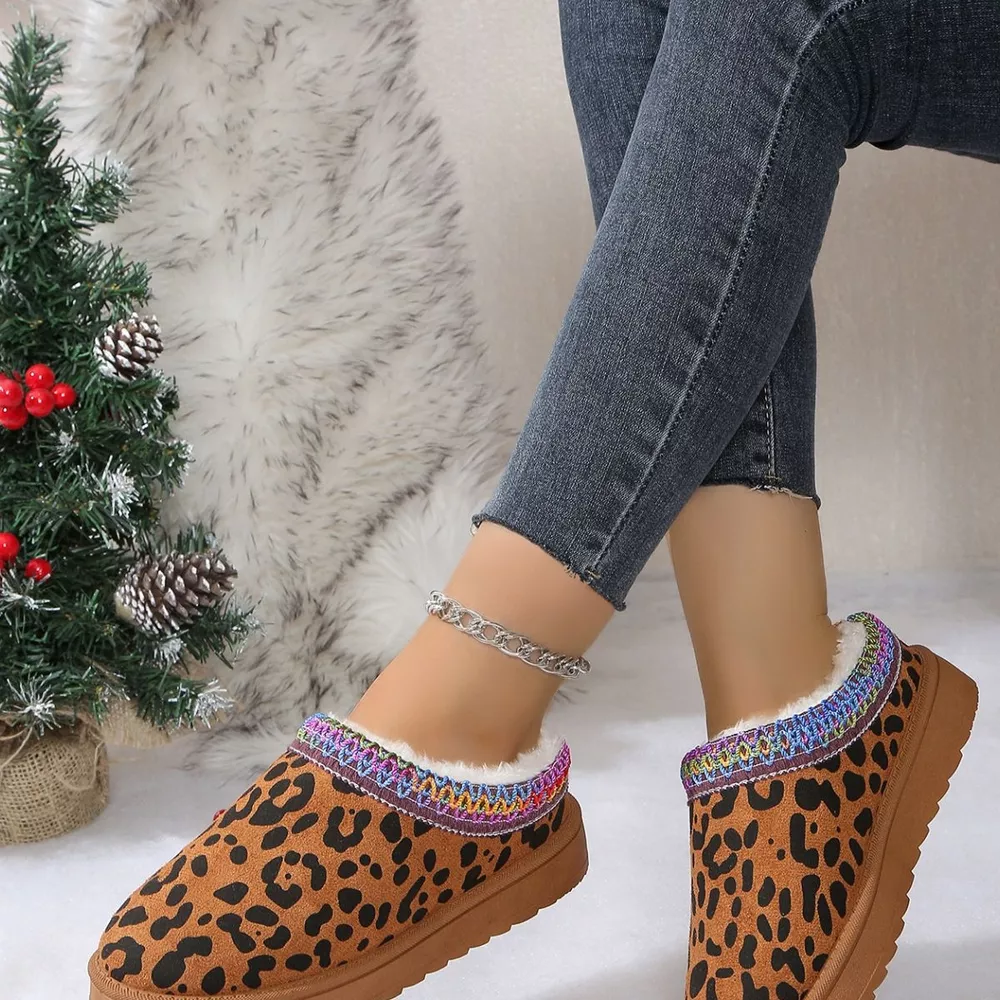 Leopard Print Plush Lined Warm Slip-Ons, image 4