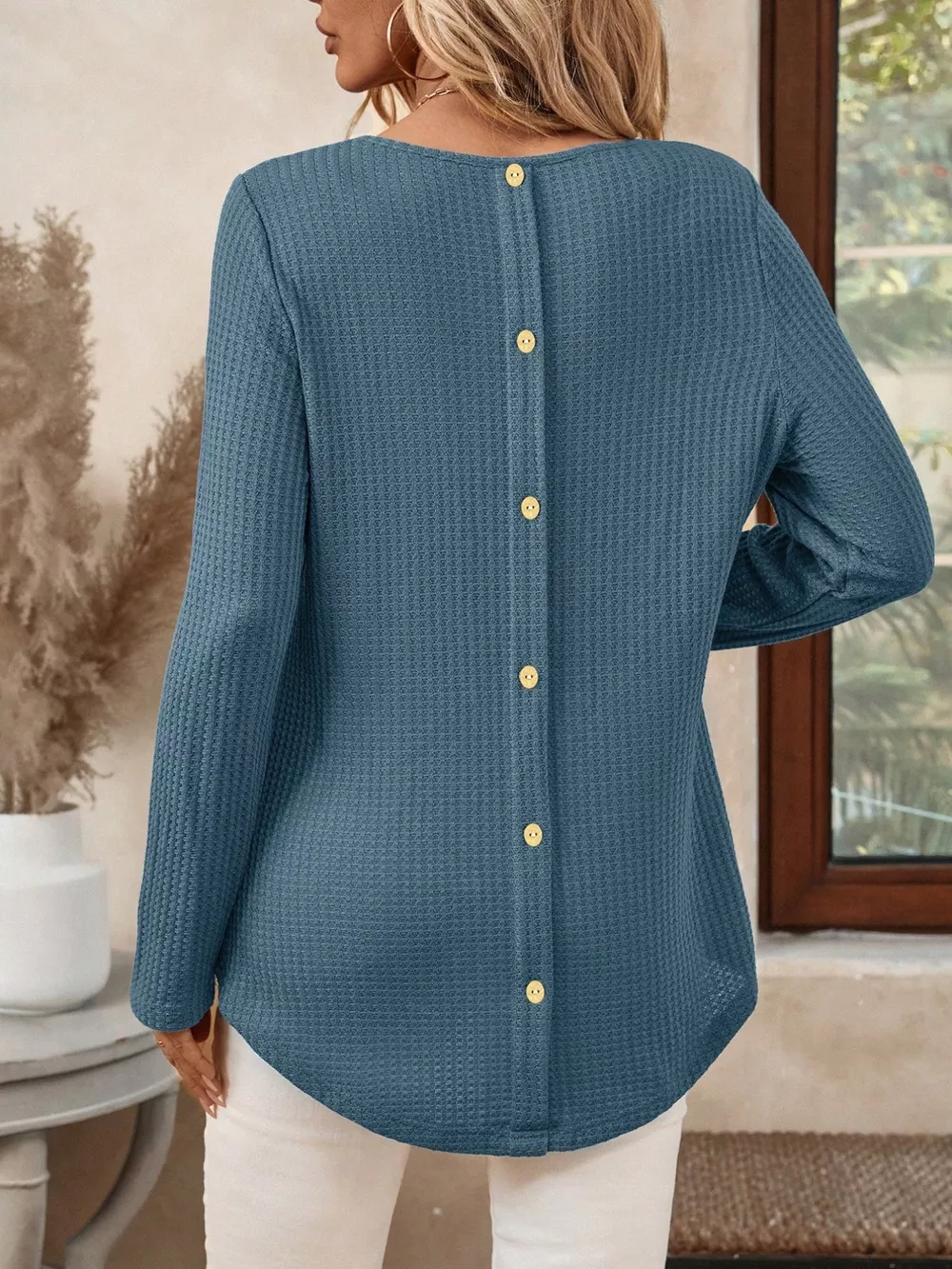Plus Size Casual Waffle Knit Long Sleeve T-Shirt, image 14