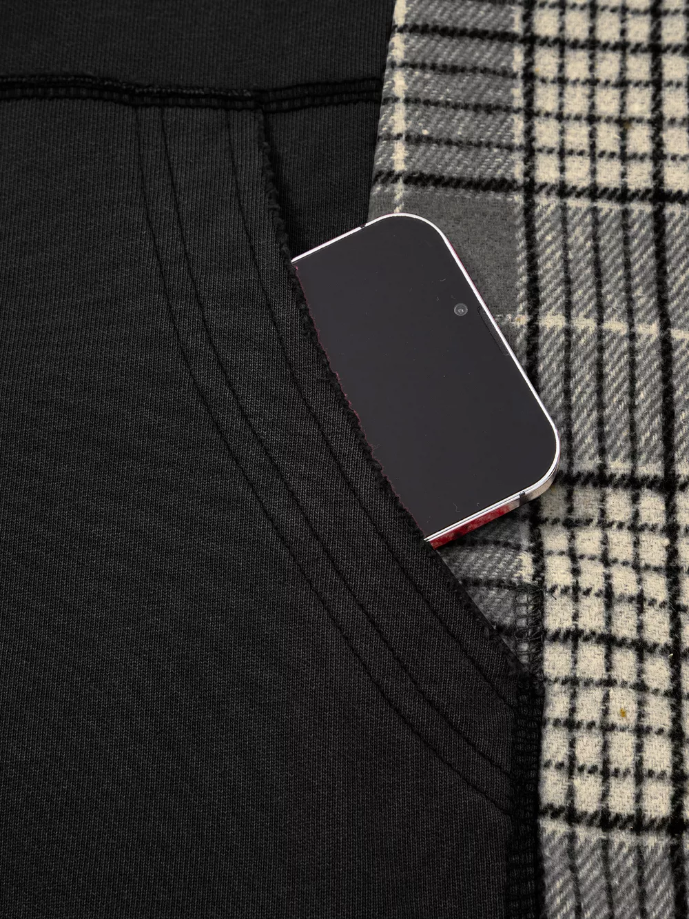 Plaid Sleeve Drawstring Pocket Hoodie, image 30