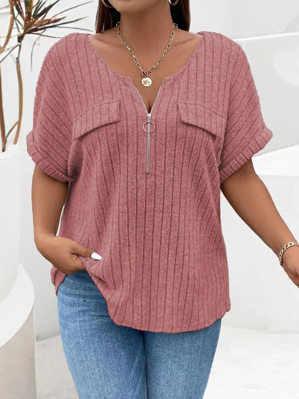 Plus Size Ribbed Half Zip Relaxed Fit T-Shirt, image 30