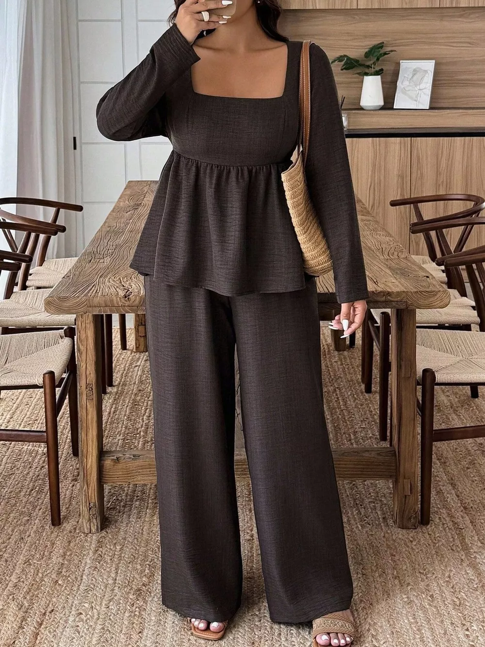 Plus Size Square Neck Long Sleeve Top and Pants Two-Piece Set, image 3
