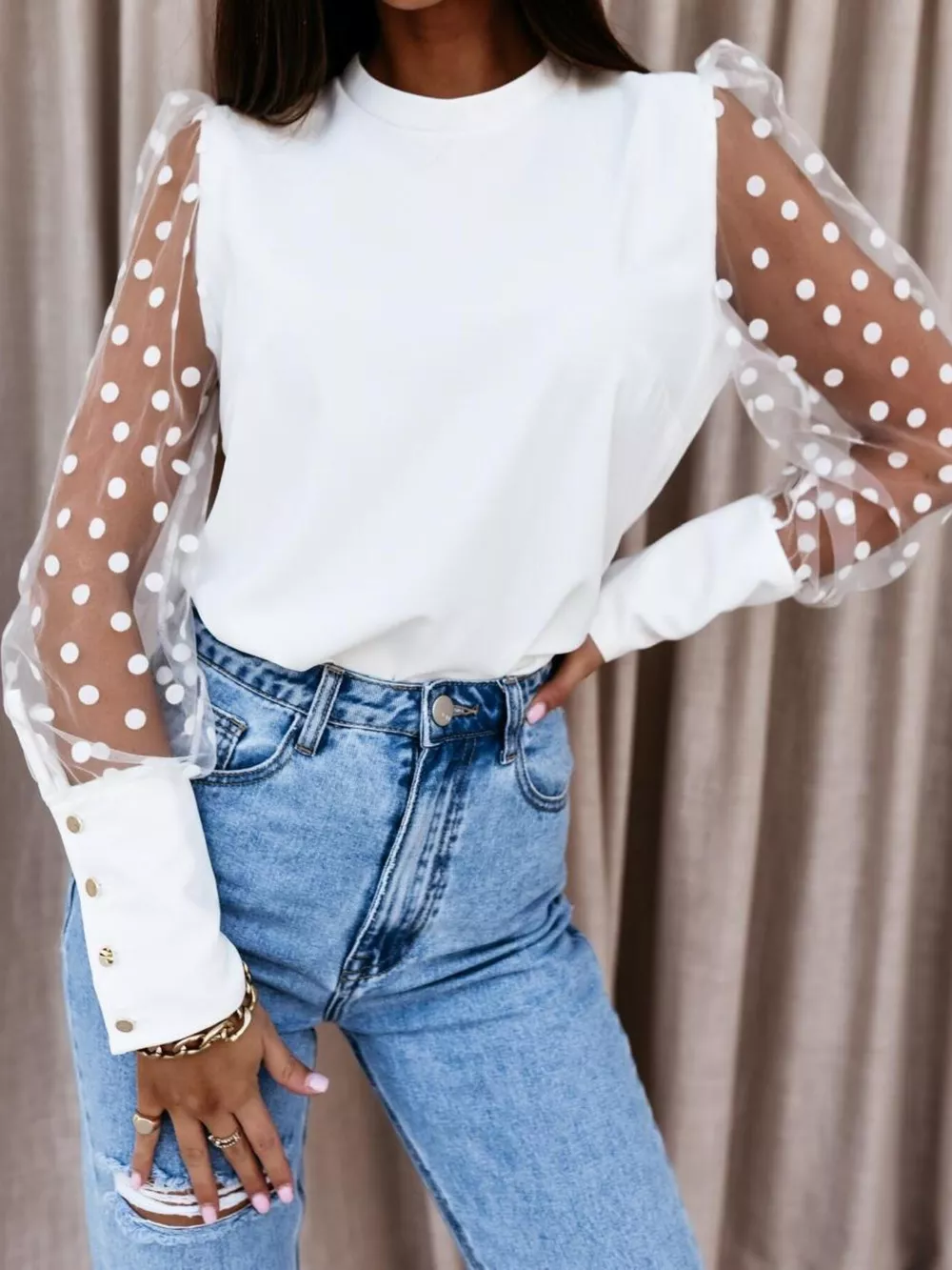 Polka Dot Mesh Sleeve Blouse, image 9