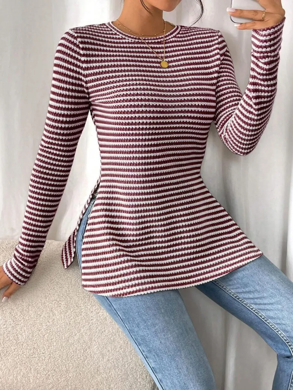 Side Slit Striped Long Sleeve T-Shirt, image 22