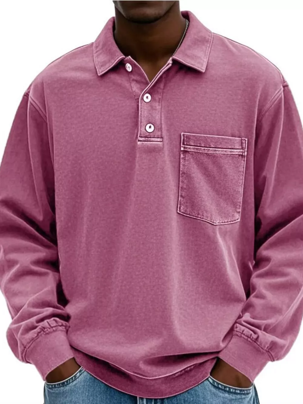 Men's Full Size Vintage Button Detail Long Sleeve Polo Plus Size, image 6