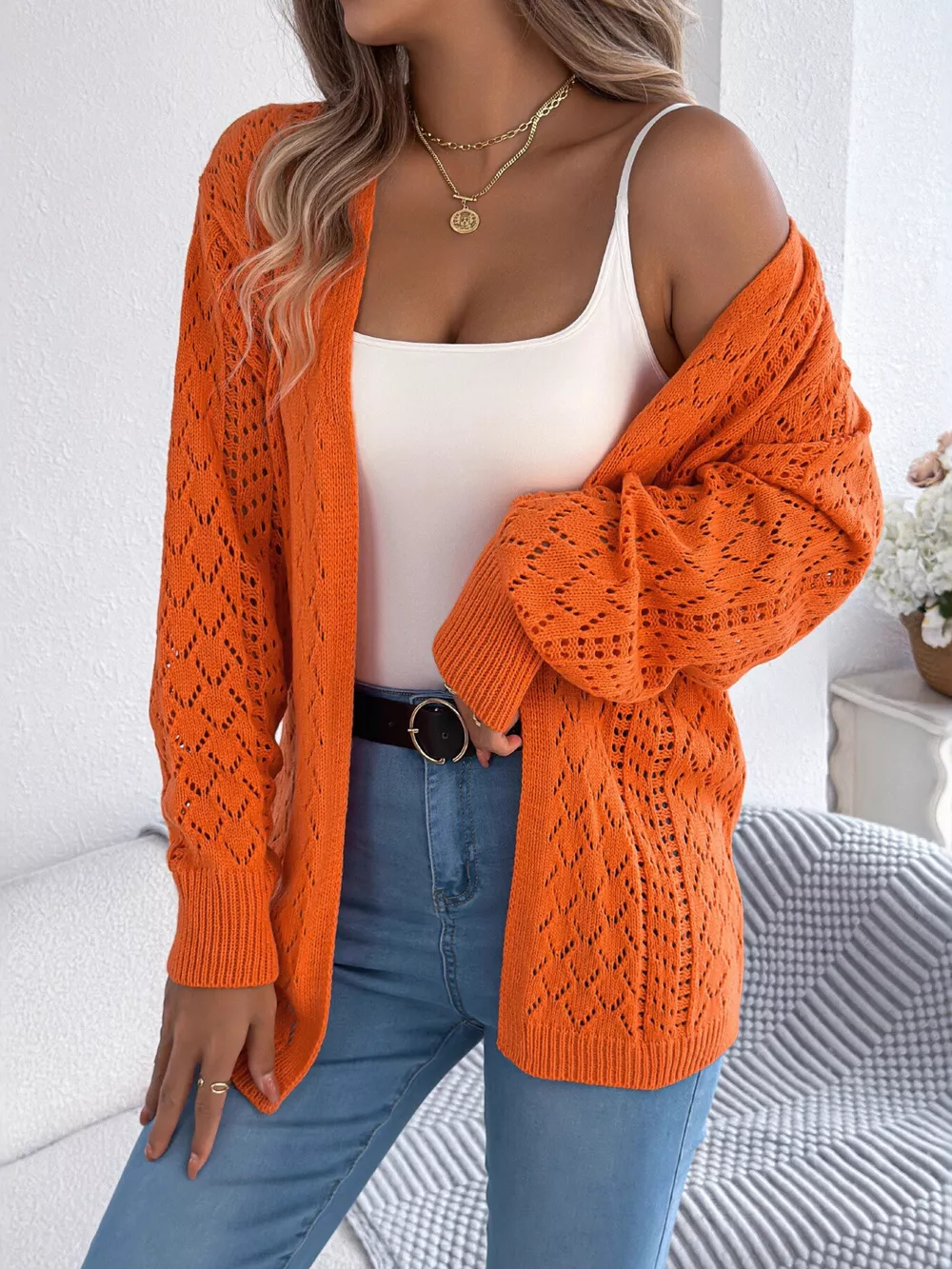 Openwork Open-Front Long Sleeve Cardigan, image 14