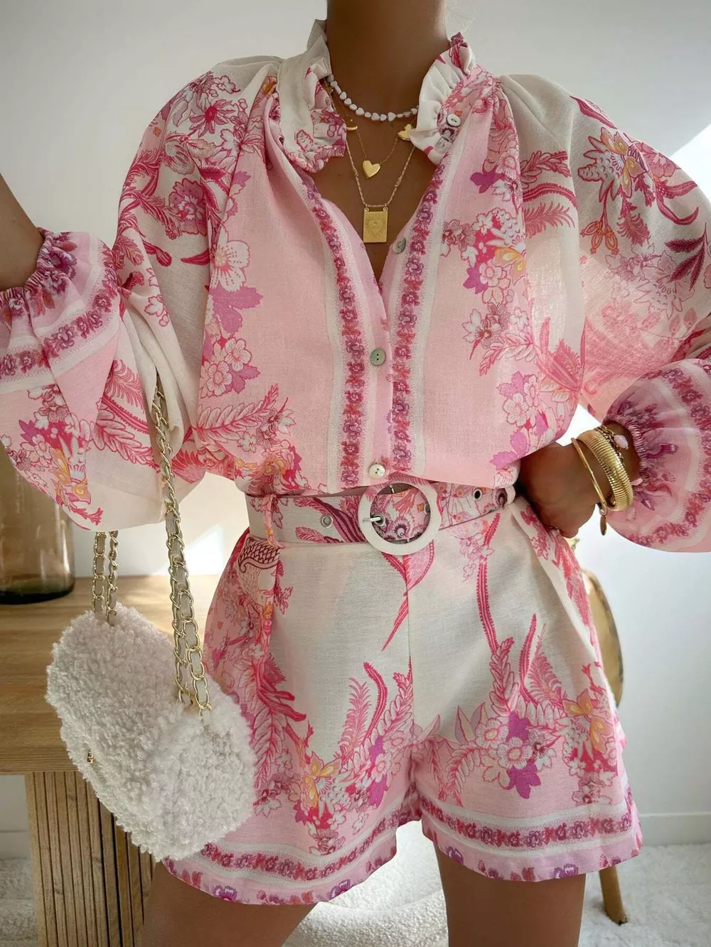 Floral Print Button-Down Shirt and Belted Shorts Two-Piece Set