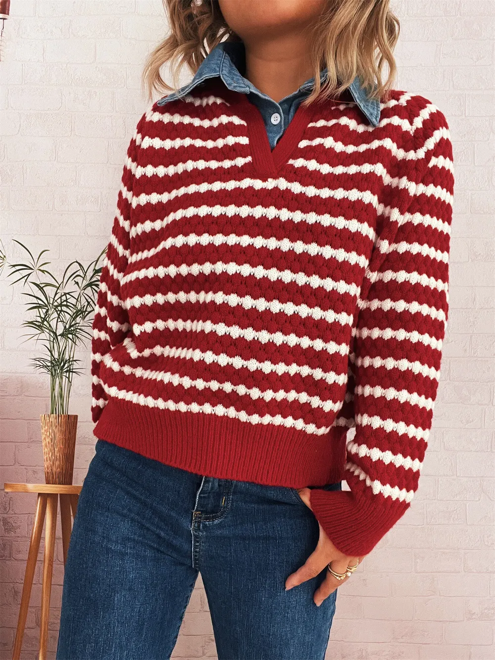 Contrast Striped Sweater with Denim Collar, image 7