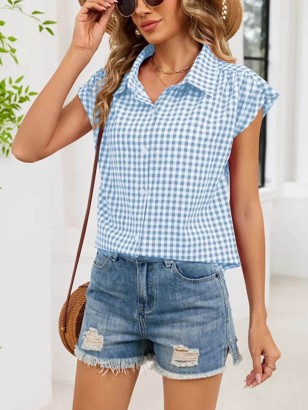 Plaid Button Up Cap Sleeve Shirt, image 10