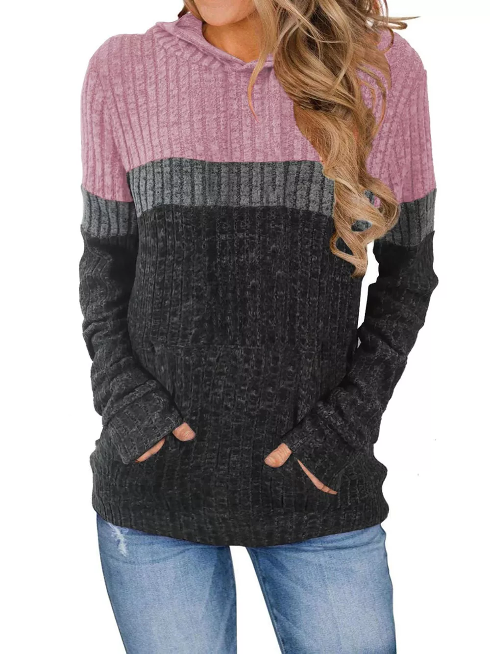 Full Size Color Block Ribbed Knit Hoodie Plus Size, image 8