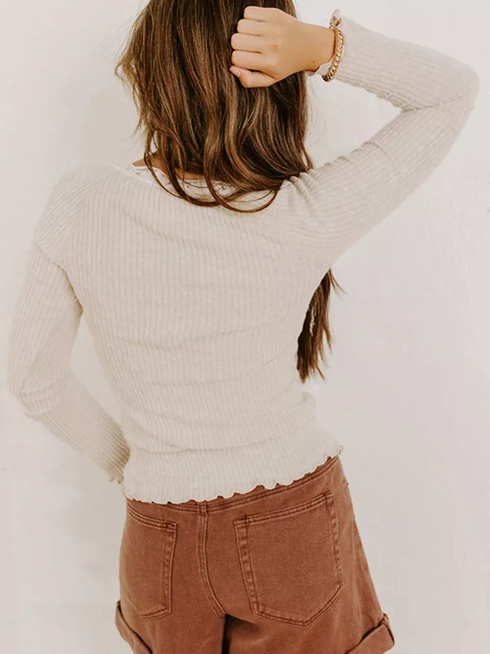 Lace Neckline Button Decor Lettuce Edge Long Sleeve Ribbed Top, image 7